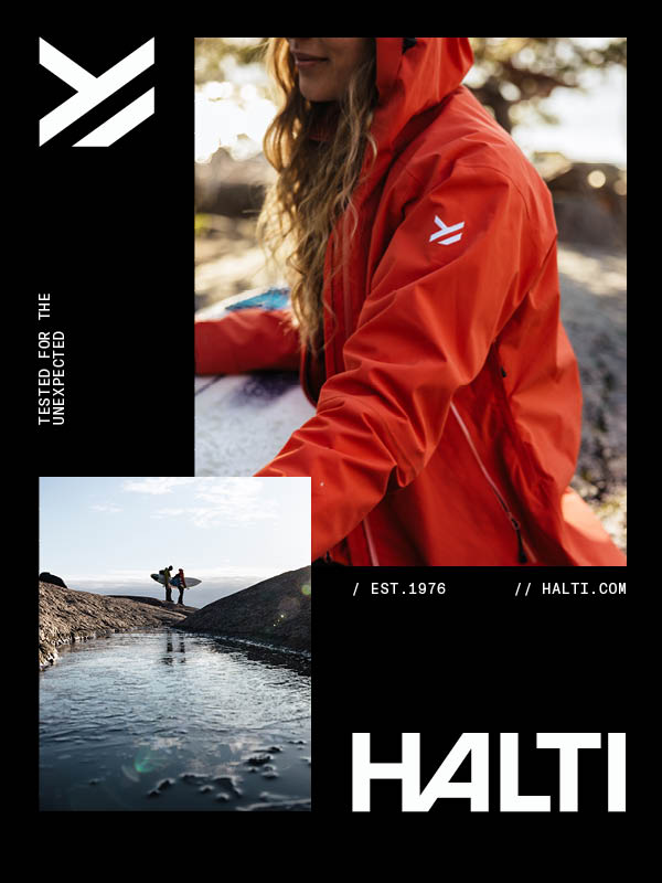 Punaiseen Halti-takkiin pukeutunut henkilö istuu ulkona veden äärellä. Sisäkuvassa näkyy kaksi retkeilijää kävelemässä kivillä puron varrella. Valkoinen Halti-logo ja teksti näkyvät mustalla pohjalla.