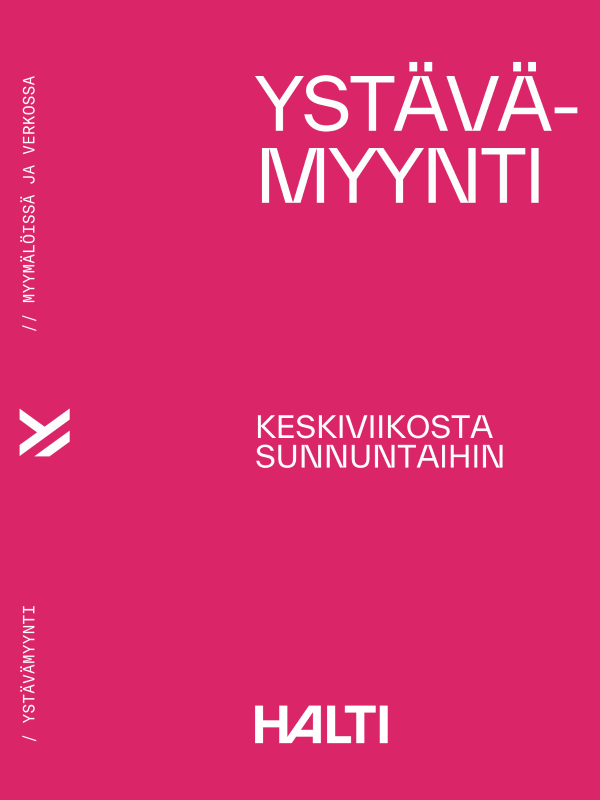 Kirkkaan vaaleanpunainen mainos, jossa on valkoinen suomenkielinen teksti 