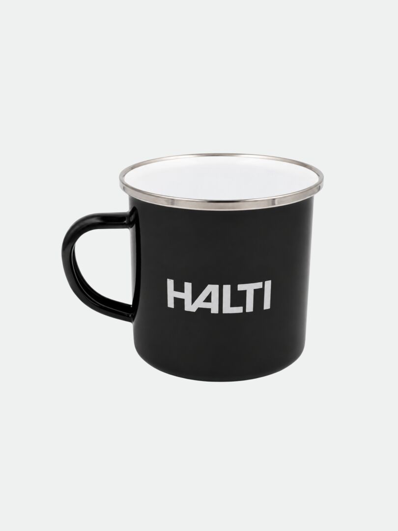Halti Emalimuki, musta emalimuki, jossa on kahva, valkoinen sisäpuoli, hopeinen reuna ja sivussa valkoisella tekstillä ”HALTI”.