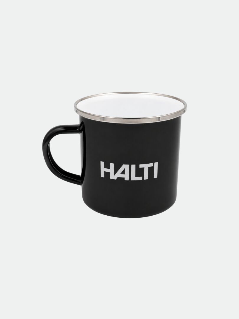 Halti Emalimuki: Musta emalimuki, jonka sisäpuoli on valkoinen ja jossa on HALTI-painatus; sopii erinomaisesti retkeilyyn. Tuotemerkki: Halti.