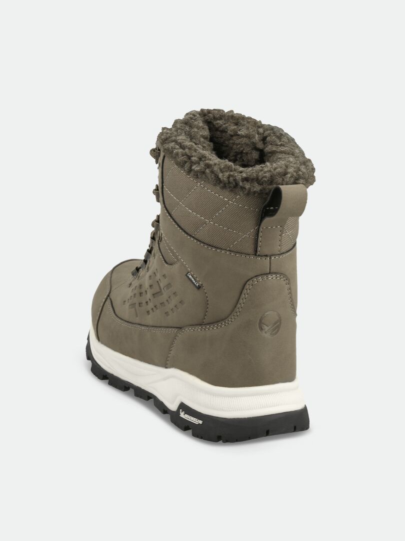 Halti Fjalla DX Ice Control Talvikenkä Naisten harmaa nauhallinen talvisaapas, jossa on turkisvuori ja musta pohja, näkymä takaa.