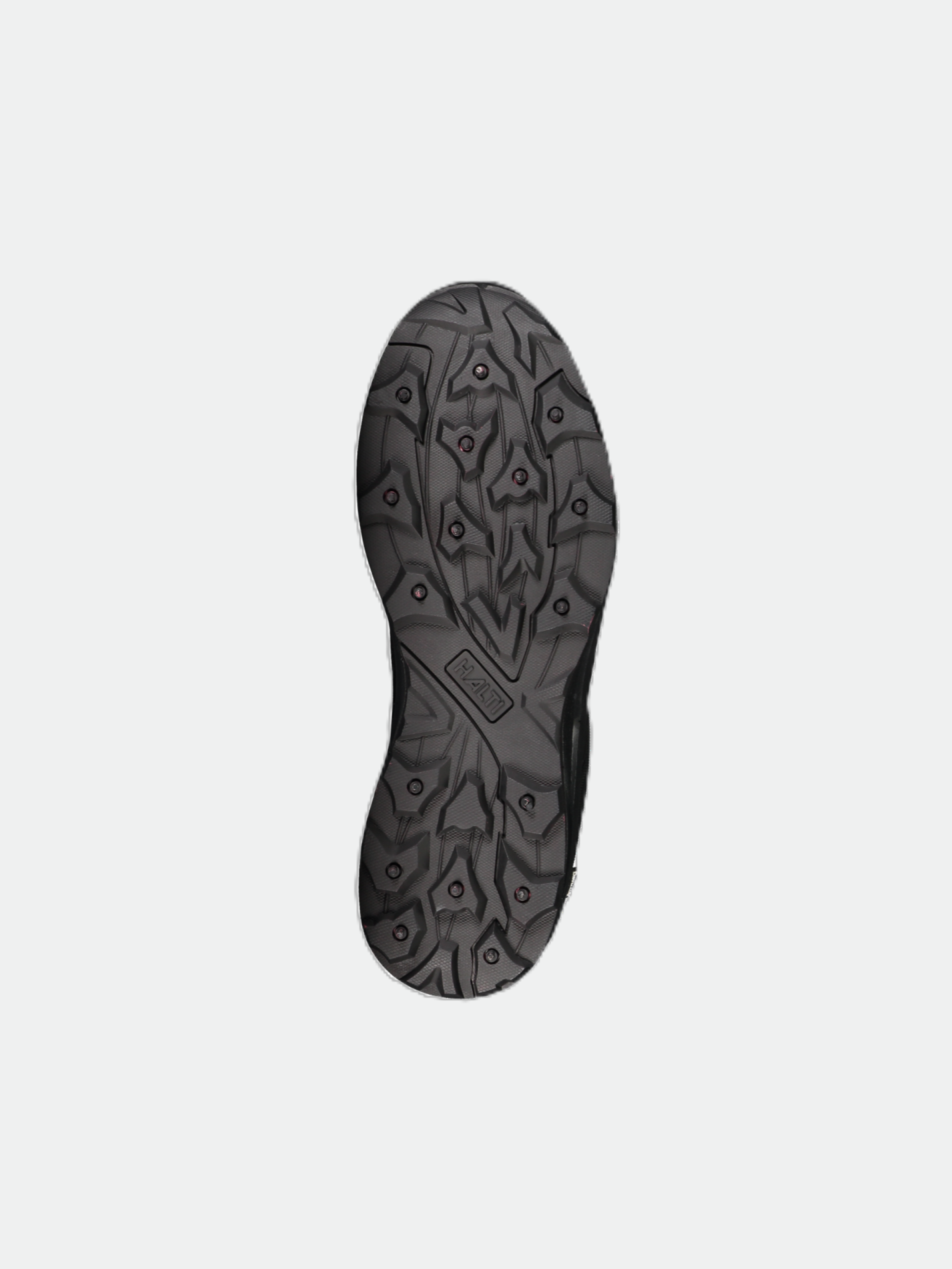 Halti Vedenpitävä Nastakenkä Naisille: musta GripmaxX-pohja, jossa on kuvioitu kulutuspinta ja pyöreät piikit, jotka takaavat hyvän pidon.