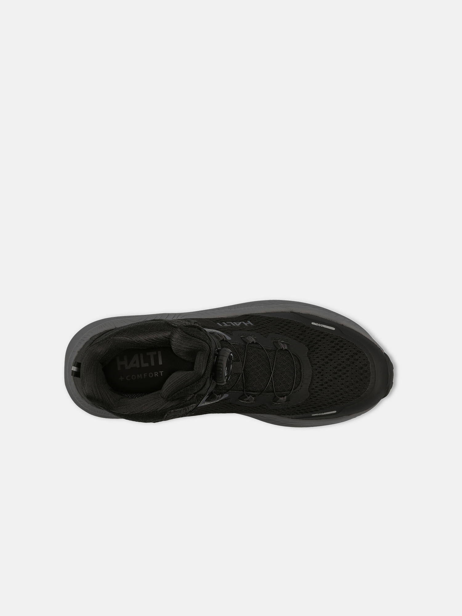 Ylhäältä katsottuna musta Halti Rapid Mid Freelock DX unisex-kenkä, jossa on mesh-päällinen ja DrymaxX-kalvo vedenpitäväksi.