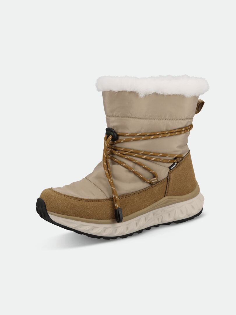 Halti Skene DX Talvikenkä Naisten: Ruskean/beige vedenpitävä talvikenkä, jossa on valkoinen tekoturkis, kumipohja ja ristikkäiset nauhat.