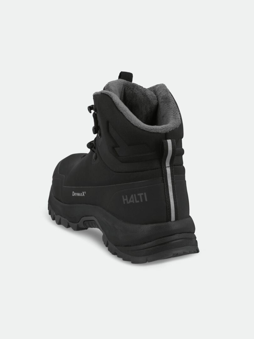 Halti Nuuksio Mid 2 DX miesten ulkoilukenkä: musta, harmaa vuori, kestävä pohja, heijastin ja kierrätetty polyesteri.