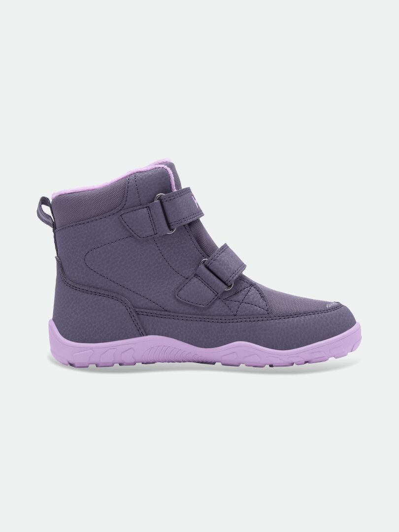 Halti Jalava DX -lasten paljasjalkakengät: violetti saapas, 2 tarranauhaa, vaaleanvioletti pohja, sivukuva.