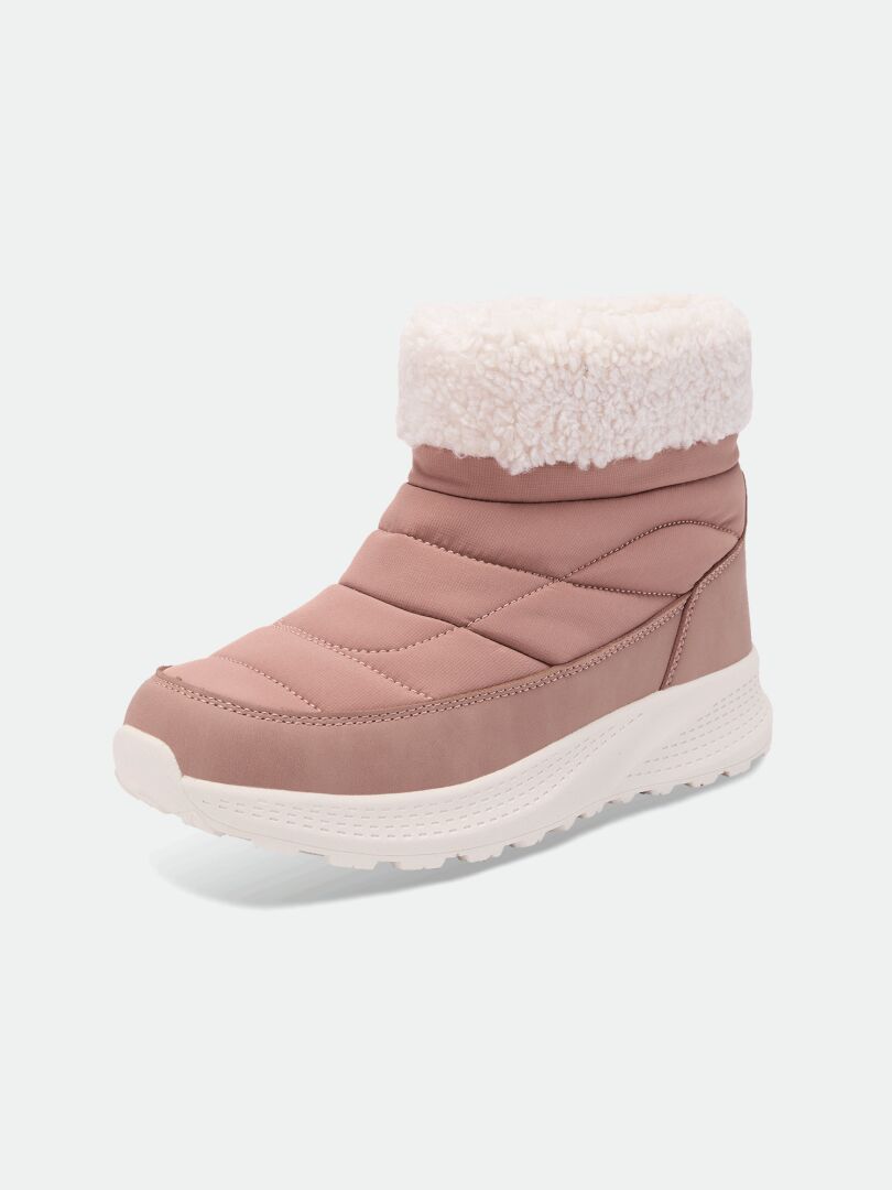 Dusty pink -väriset, tikatut Halti Rest Talvikengät -naisten talvikenät, joissa on tekoturkista valmistettu varsi ja paksu valkoinen urapohja.