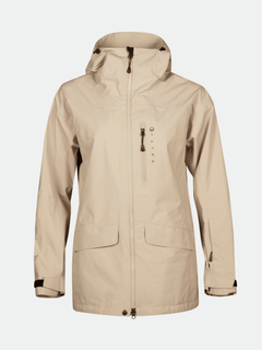 Halti Settler 3L DrymaxX Naisten laskettelutakki, beige, huppu, vetoketju, logo ja säädettävät hihansuut.