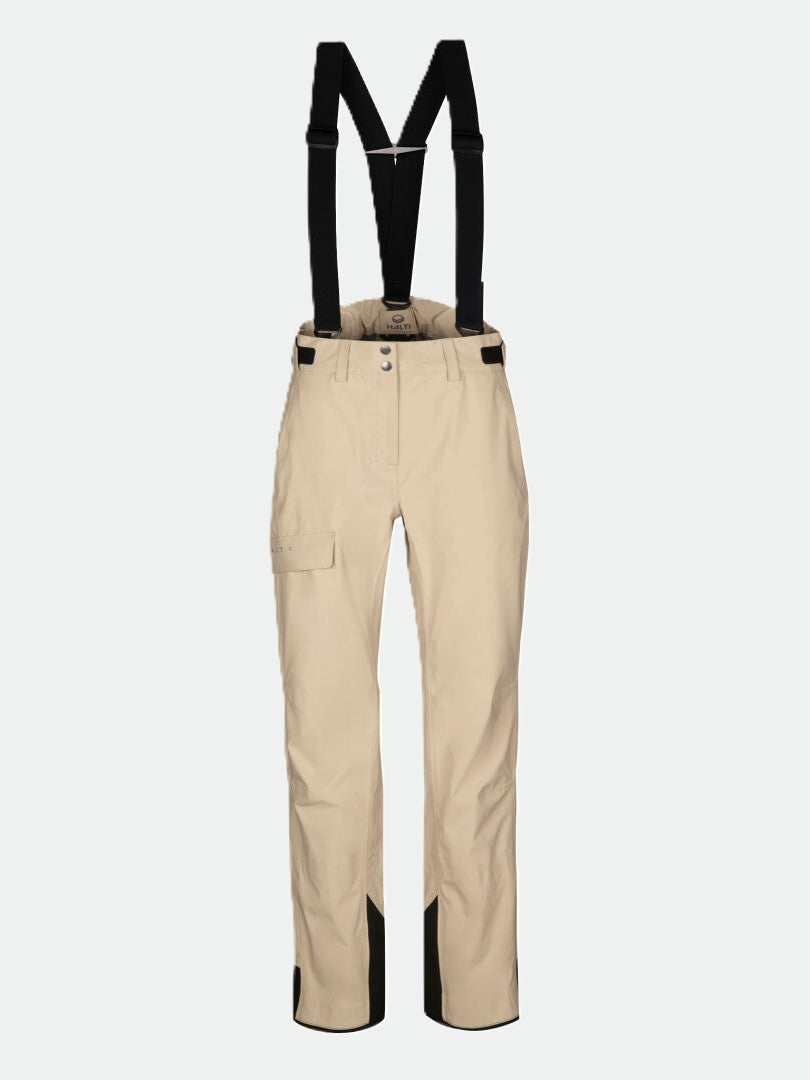 Halti Settler 3L DrymaxX naisten lasketteluhousut: beige, mustat henkselit, cargo-tasku, vahvistetut hihansuut.
