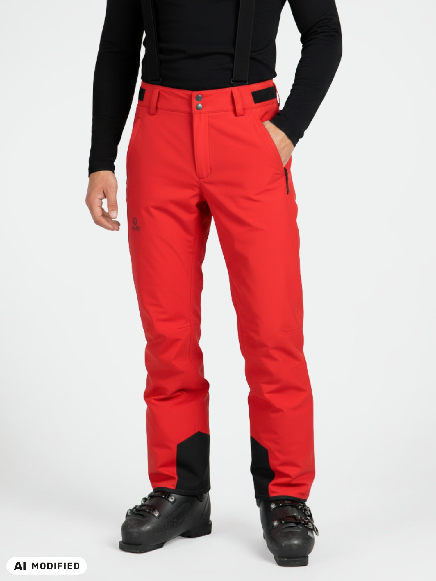 Halti Trusty DX -lasketteluhousut miehille, olkaimet, vetoketjutaskuja, vahvistetut lahkeensuut; mustat laskettelukengät, pitkähihainen paita.