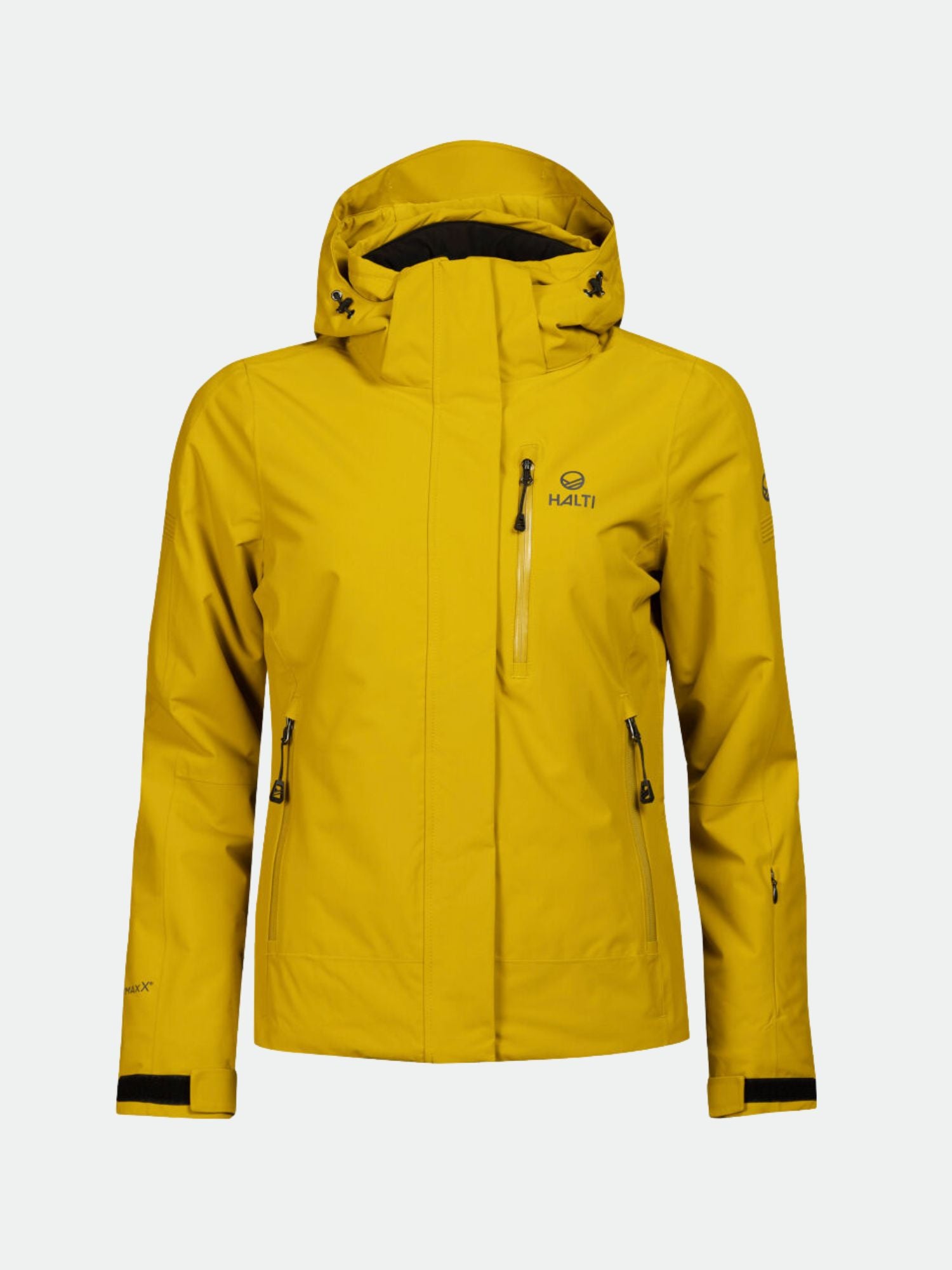 Halti Radius DrymaxX naisten hiihtotakissa kirkkaan keltaisella on mustat vetoketjut ja pieni logo rinnassa.