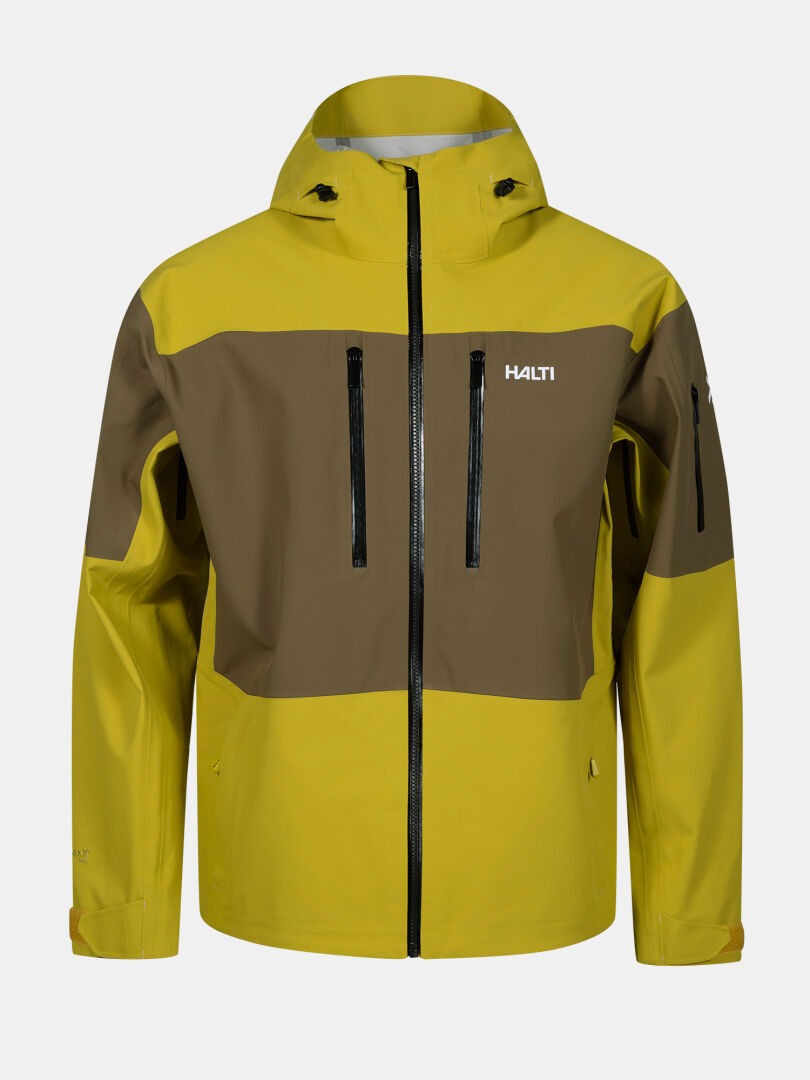 Halti Rizle 3L DX Laskettelutakki Unisex keltainen/oliivinvihreä, jossa on mustat vetoketjut ja Primaloft Thermo fleece.