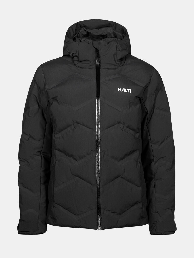 Halti Nordic Arcty II Naisten laskettelutakki on musta, siinä on huppu, vetoketju edessä ja Halti-logo vasemmassa rinnassa.