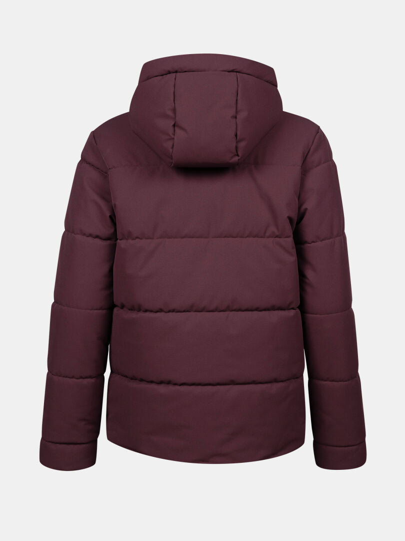Halti Ascale Puffer Laskettelutakki Naisten Plus ruskeankeltainen, hupullinen, selkämys valkoisella pohjalla.