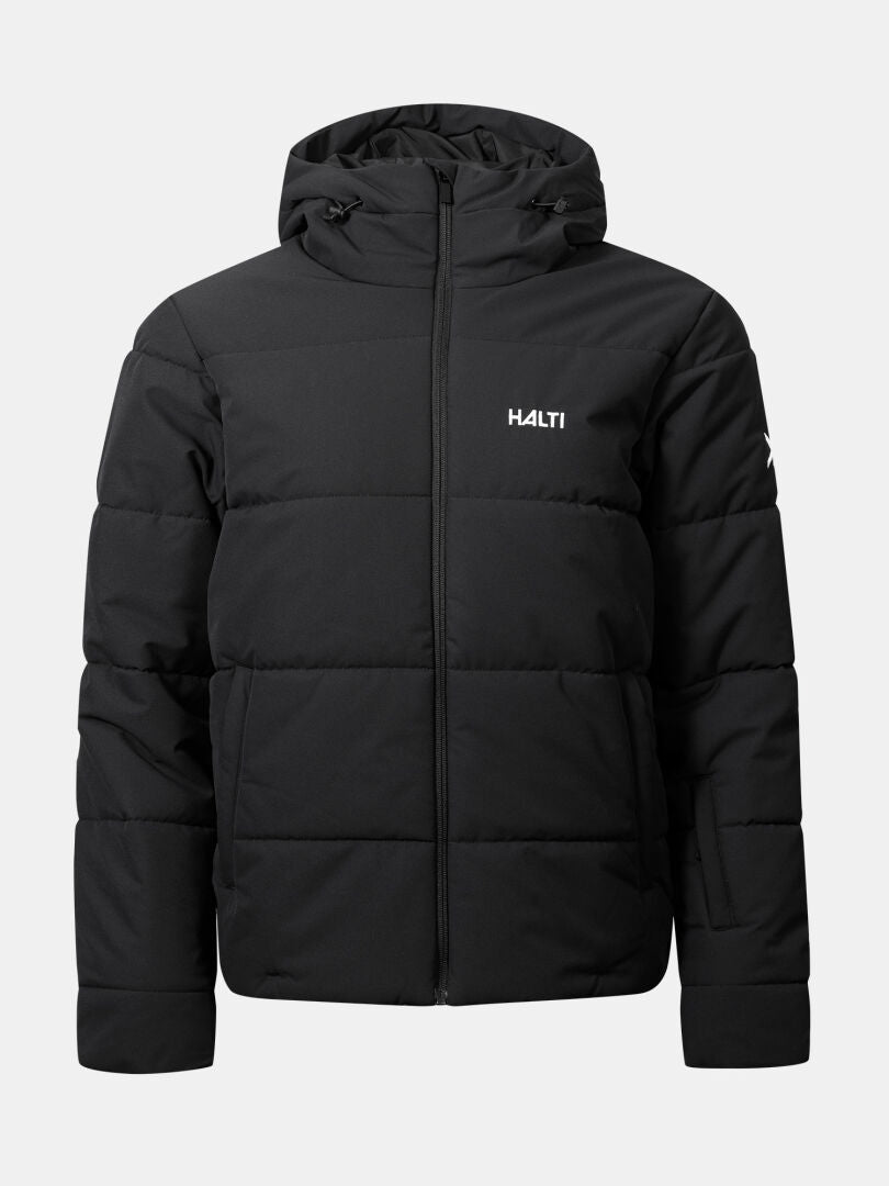 Halti Ascale Puffer Laskettelutakki Naisten Plus, musta, huppu, vetoketju edessä, Halti-logo rinnassa ja hihassa.