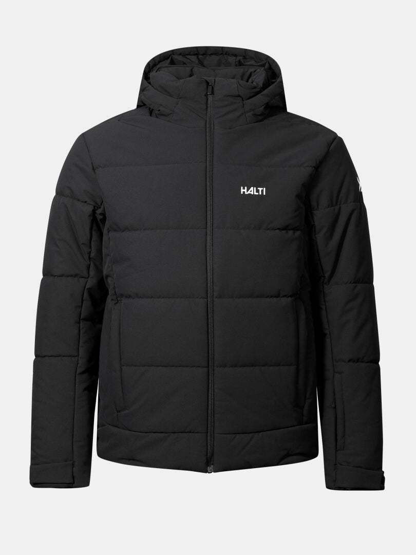 Halti Ascale Puffer Laskettelutakki Miesten on musta, hupullinen, vedenpitävä takki, jossa on vetoketju edessä ja logo rinnassa.