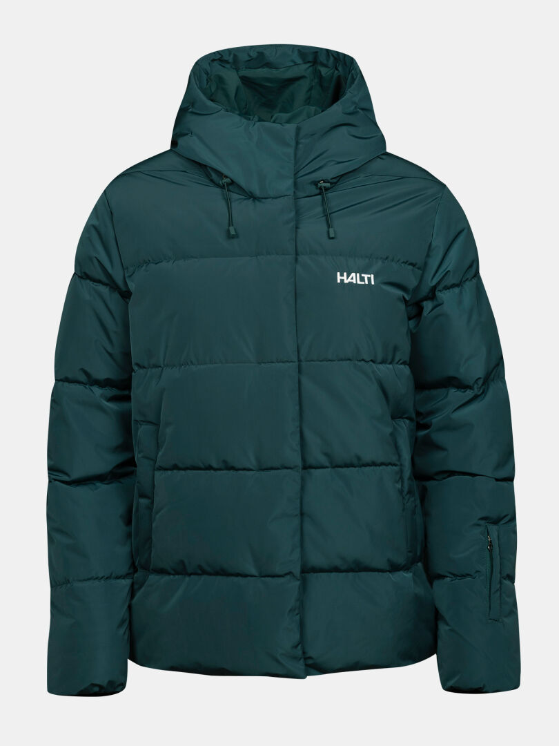 Halti Ascloud Puffer -laskettelutakki naisille, tummanvihreä, huppu, DrymaxX-materiaali, yksivärinen tausta.