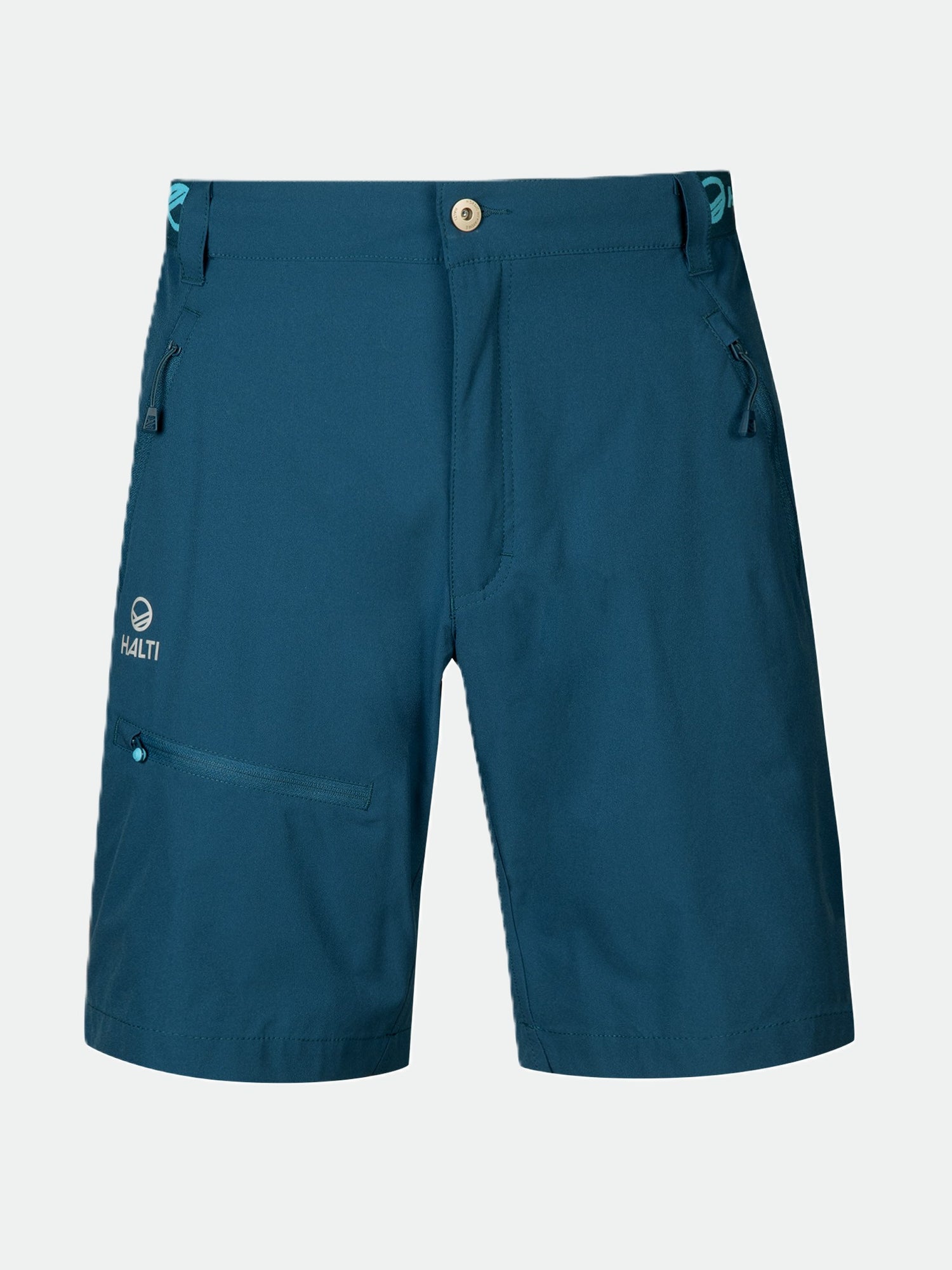 Halti Pallas Miesten X-stretch Lite shortsit, Active Dry-materiaali, vetoketjutaskut ja logo valkoisella taustalla.