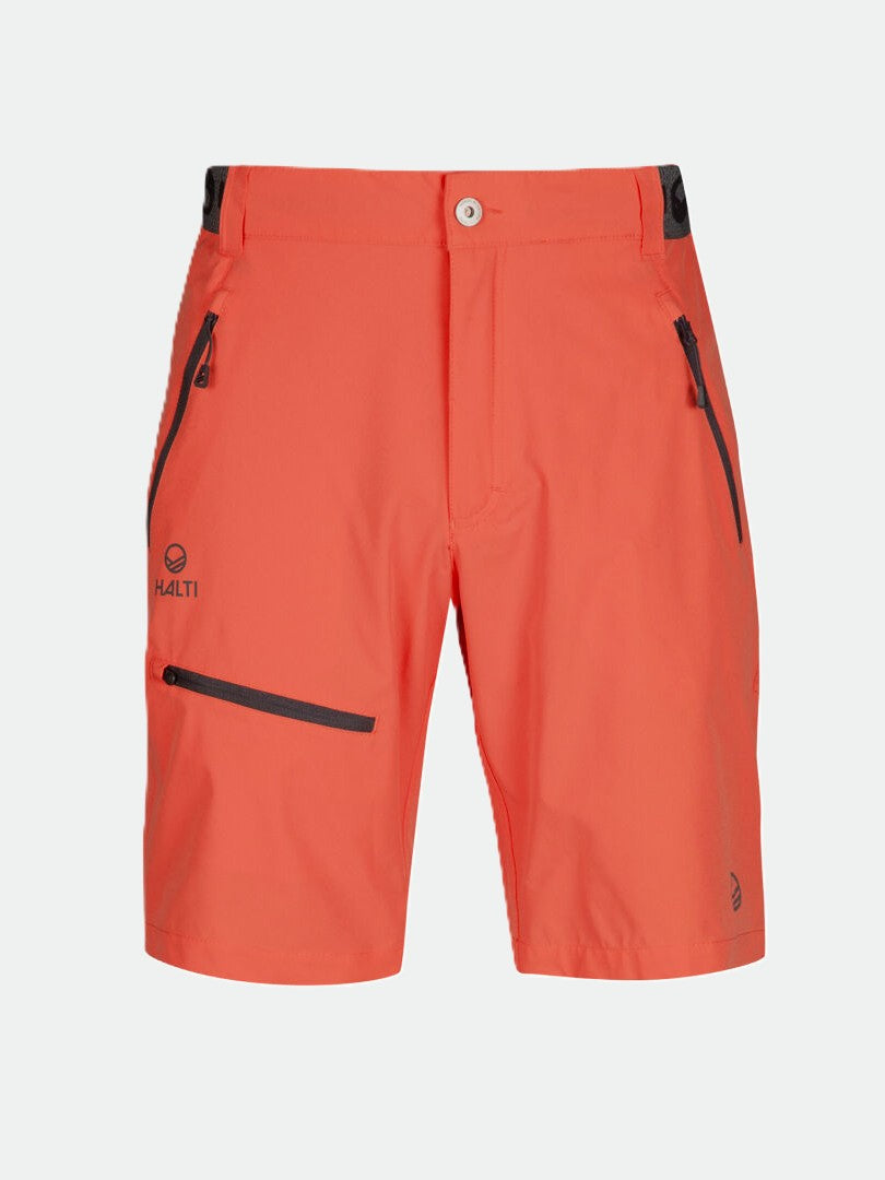 Halti Pallas Miesten X-stretch Lite Shortsit kirkkaanoranssissa, vetoketjulliset sivutaskut ja nappikiinnitys kuvassa.