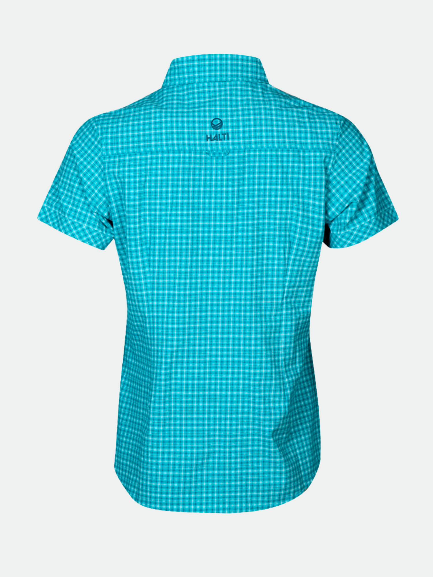 Takakuva Halti Leiri Naisten Ruutupaitasta, väri teal, Active Dry -materiaali ja pieni logo kauluksen alla.