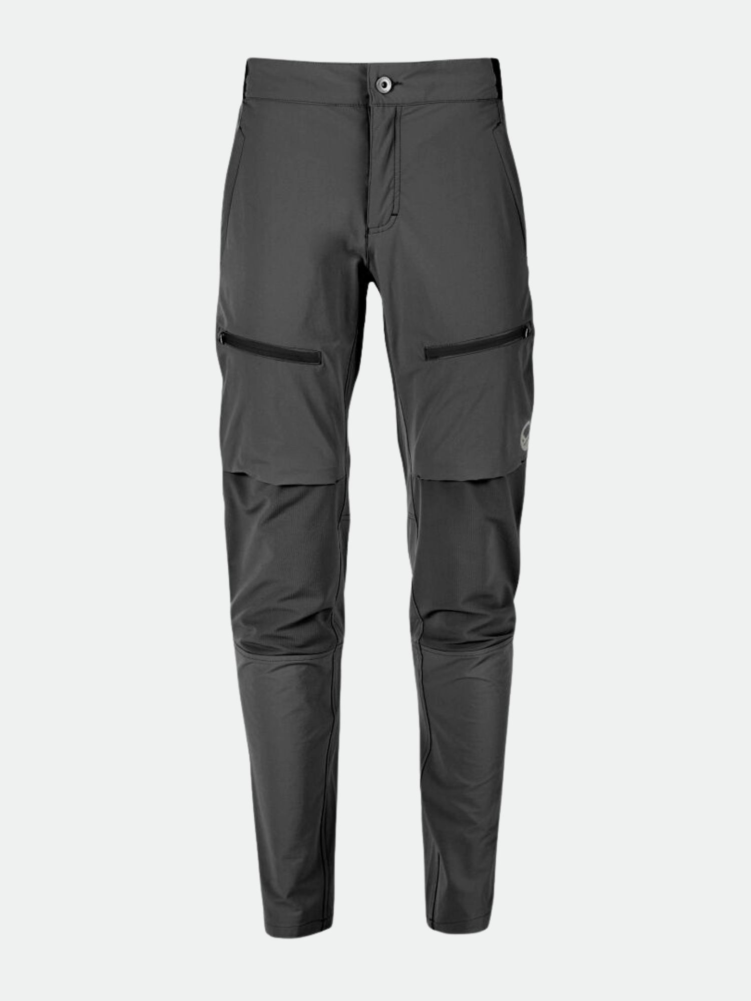 Halti Pallas II Naisten X-stretch SS22 housut mustat, joissa on vetoketjulliset reisitaskut, etulokasuoja ja kapenevat lahkeet.