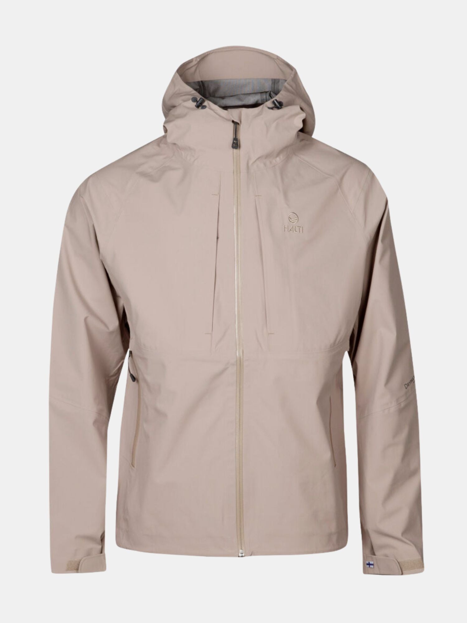 Halti Kaarna Miesten DX 3L kuoritakki: vaalean beige, huppari, vetoketju edessä, taskut, hienovarainen logo vasemmassa ylärinnassa.