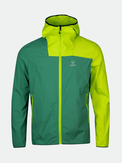 Halti Pallas Miesten Lite X-stretch ulkoilutakki vihreän/keltaisen värisenä, edessä vetoketju ja vetoketjutaskut esillä.