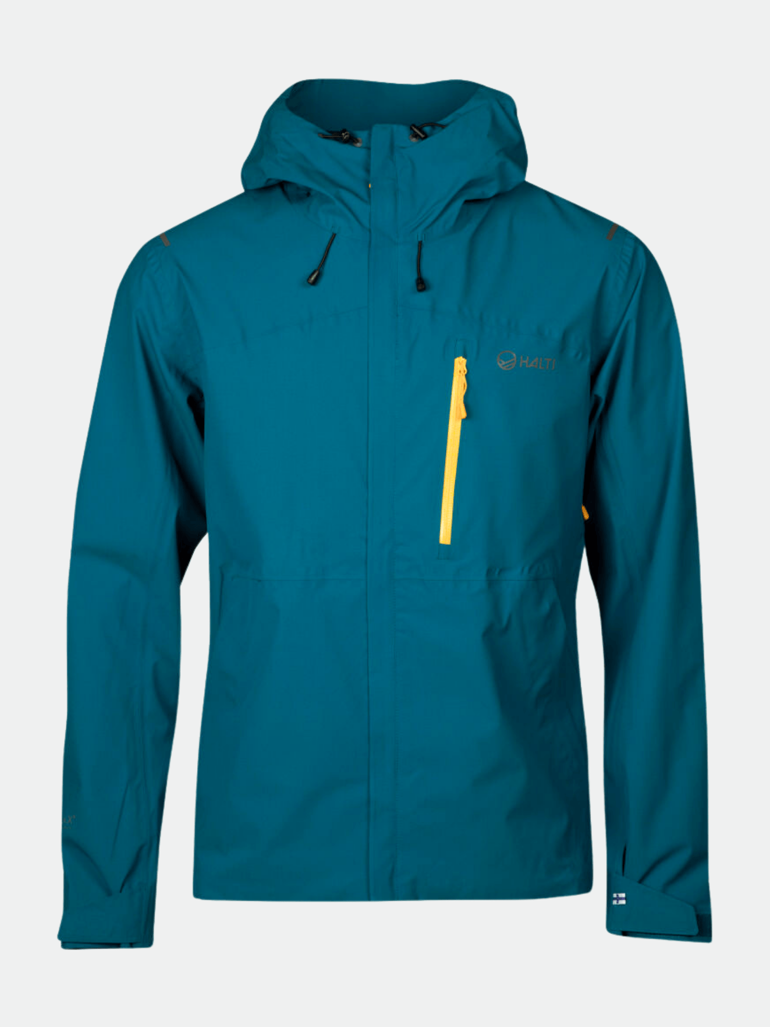 Halti Nummi Miesten DrymaxX kuoritakki, teal, keltainen vetoketjullinen rintatasku, pieni logo vasemmalla olalla.