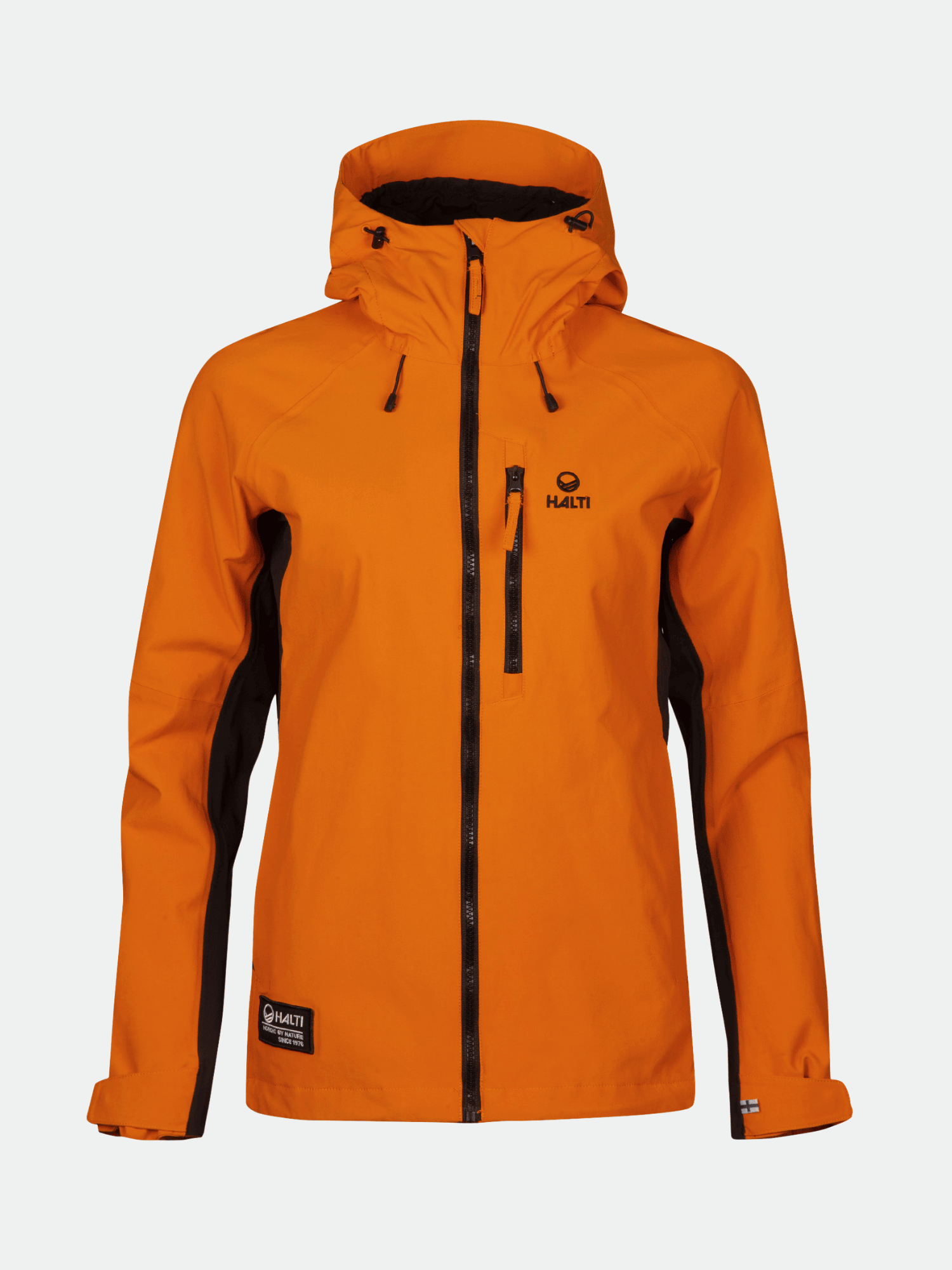 Halti Hiker Naisten DrymaxX Pro Ulkoilutakki, kirkkaan oranssi mustilla yksityiskohdilla, kuvassa valkoisella pohjalla.