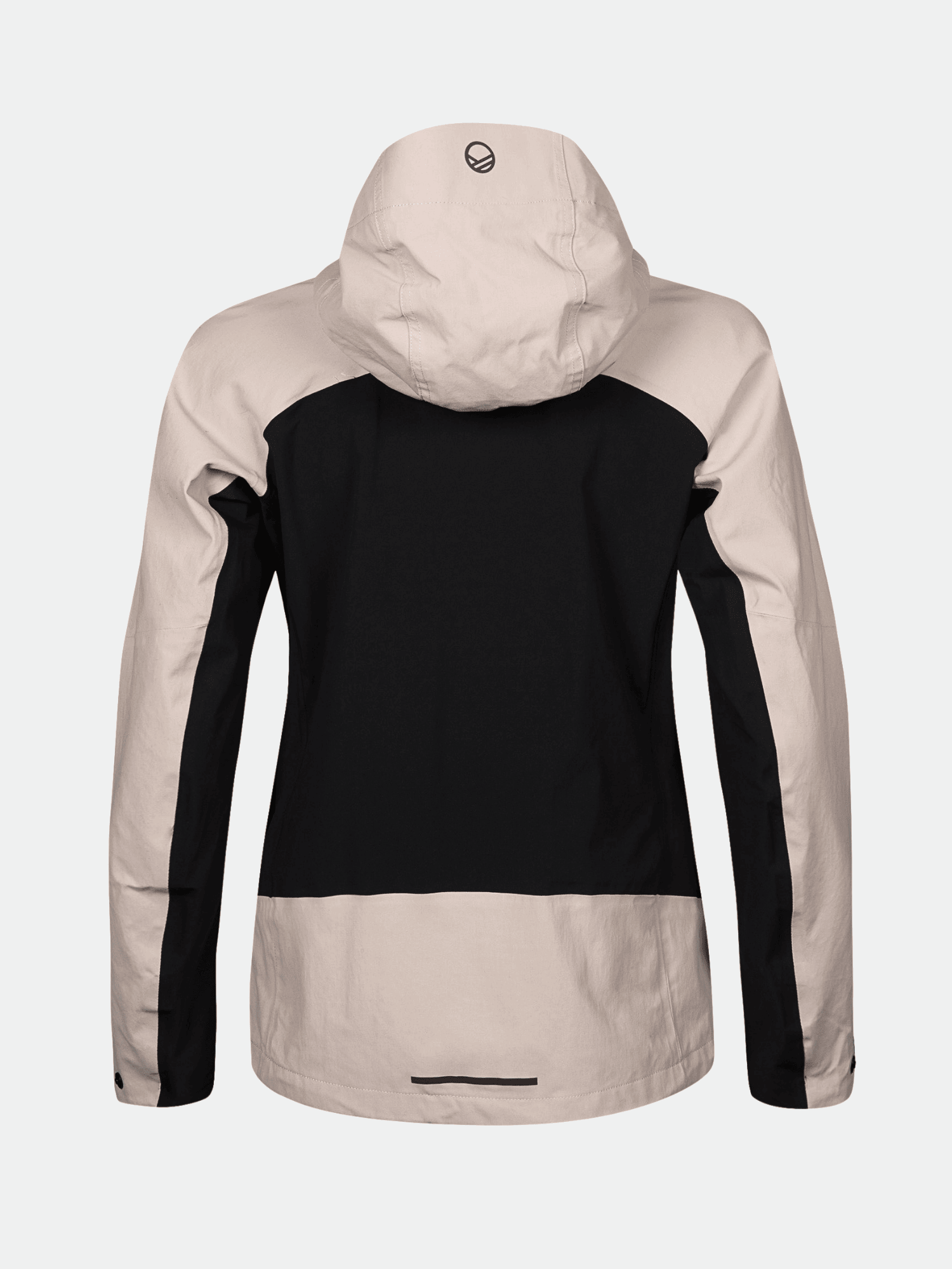 Halti Hiker Naisten DrymaxXX Pro -takki, musta-beige värit, pieni logo hupussa, takaa kuvattuna.
