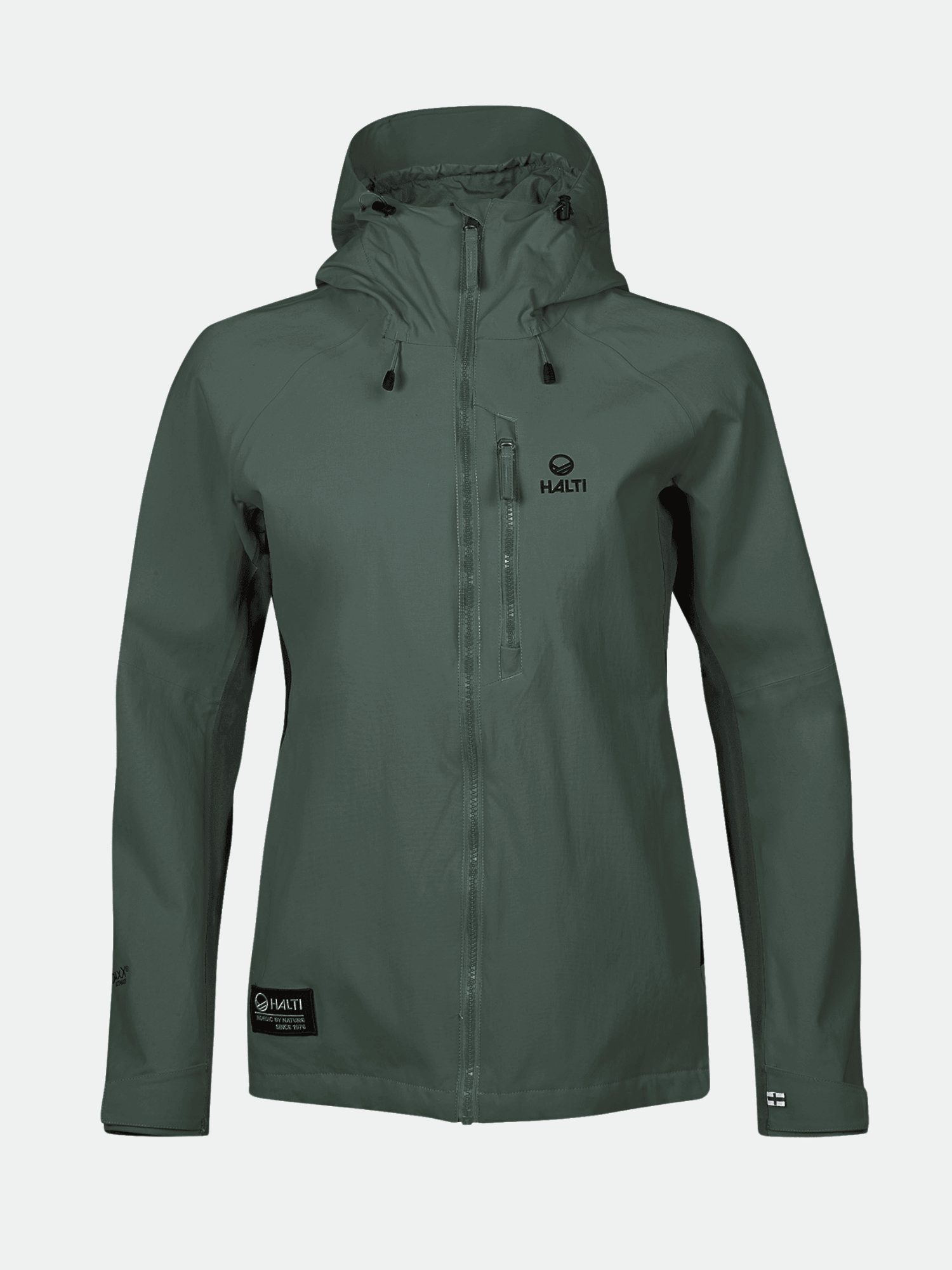 Halti Hiker Naisten DrymaxX Pro ulkoilutakki, tummanvihreä, huppu, rintatasku, logo & vedenpitävä DrymaxX kalvo.