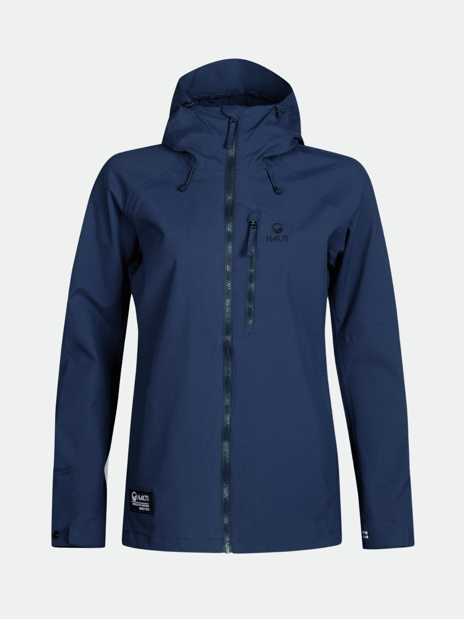 Halti Hiker Naisten DrymaxX Pro navy-takki vedenpitävällä DrymaxX:llä, vetoketjulla edessä, rintataskulla ja hienovaraisella logolla.