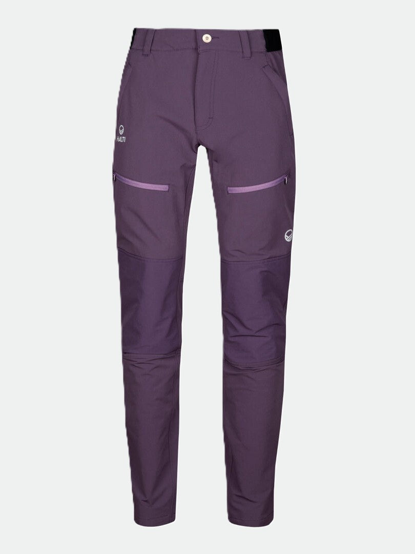 Halti Pallas III Lämmin X-stretch naisten ulkoiluhousut vetoketjullisilla taskuilla ja nappisuljin vaalealla pohjalla.