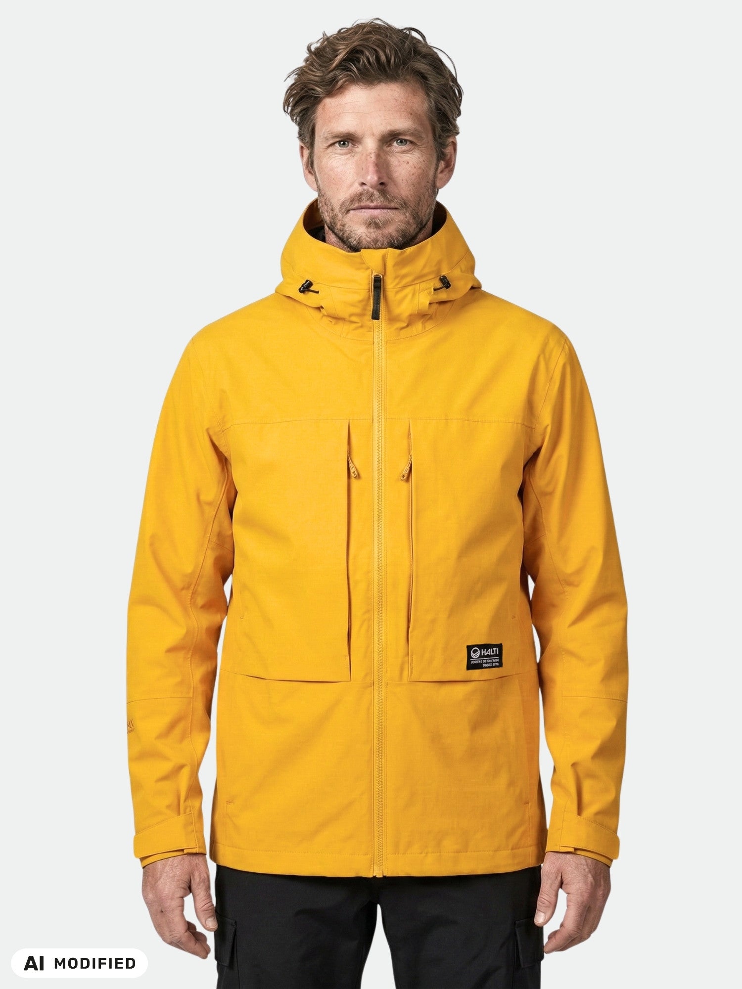 Mies, jolla on yllään kirkkaan keltainen Halti Hiker II DrymaxX Kuoritakki Miesten -takki, jossa on mustat vetoketjut, seisoo harmaata taustaa vasten.