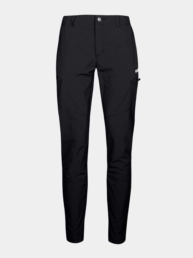 Halti Pallas Evo X-stretch housut naisille, vetoketjutaskut ja valkoinen logo reidessä.