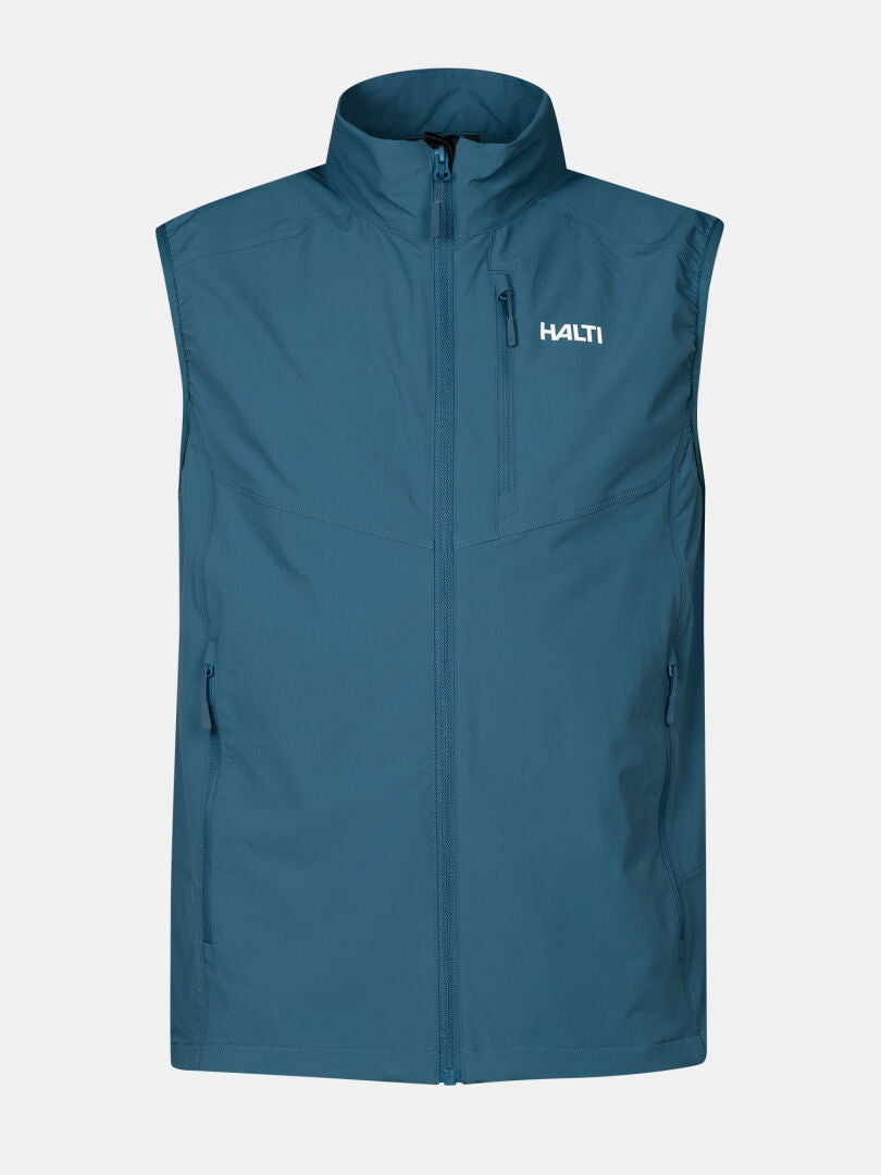 Hengittävä Halti Pallas Evo X-stretch miesten liivi: sininen, hihaton, korkea kaulus ja logo rinnassa.