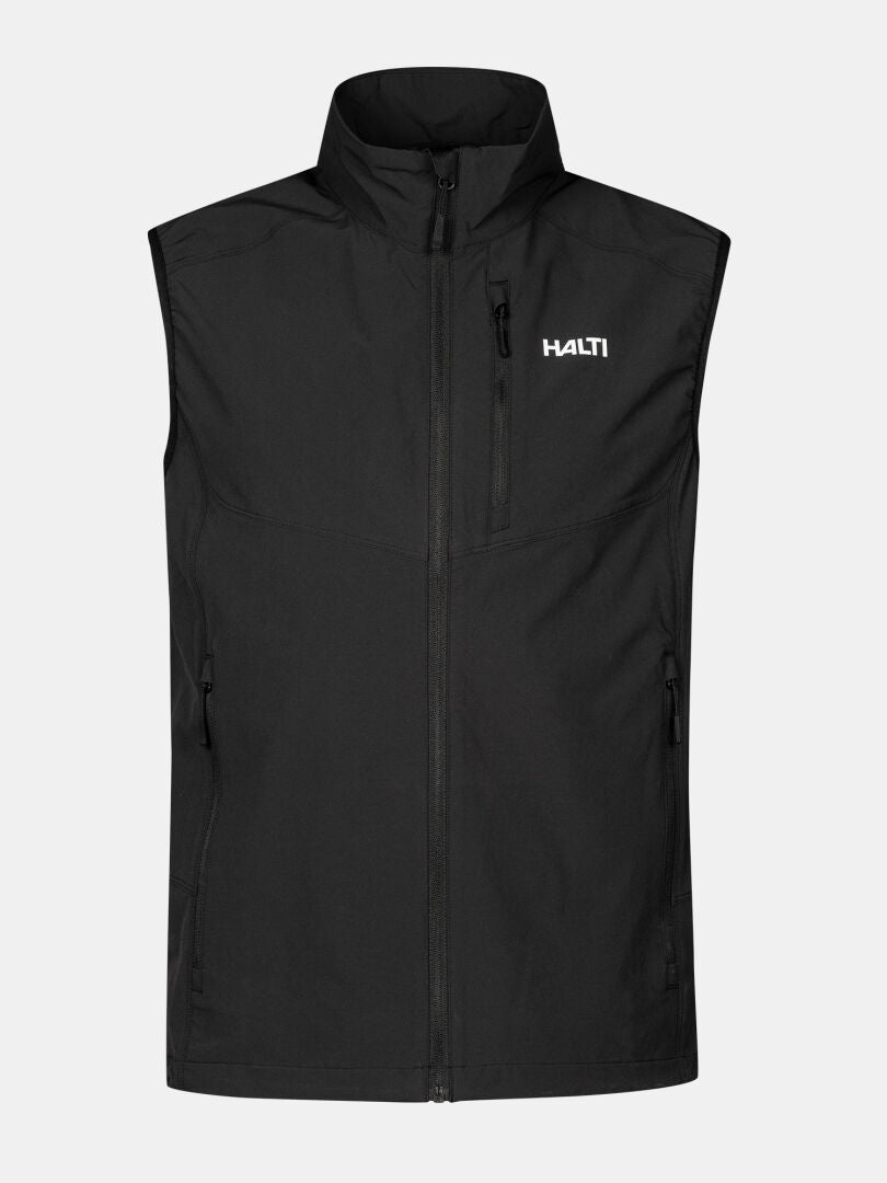 Halti Pallas Evo X-stretch Liivi Miesten musta, hihaton, vetoketjullinen liivi, jossa on korkea kaulus ja logo vasemmalla rinnassa.