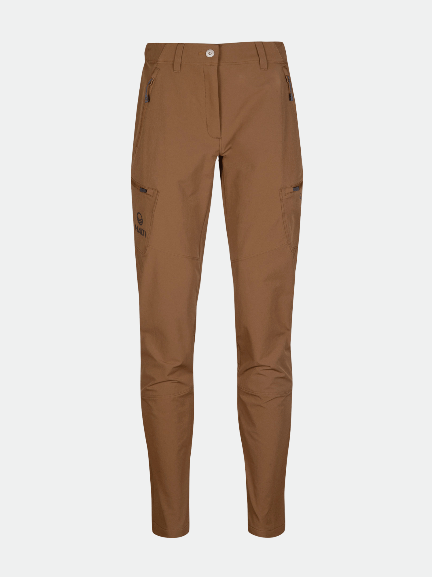 Halti Pallas Evo Brushed X-stretch naisten housut vetoketjullisilla reisitaskuilla ja nappivyötäröllä, kuvassa valkoisella pohjalla.