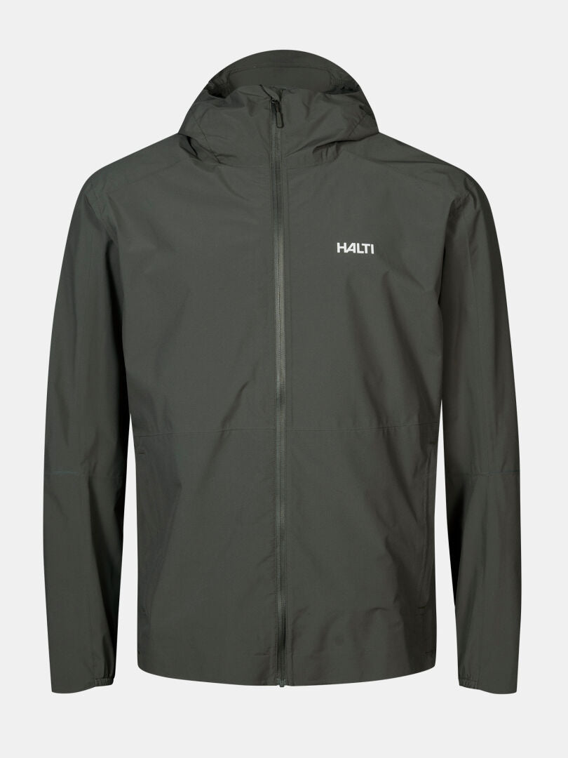Tummanvihreässä Halti Pisarat 2,5L DX miesten takissa on etuvetoketju ja rintalogo yksivärisellä pohjalla.