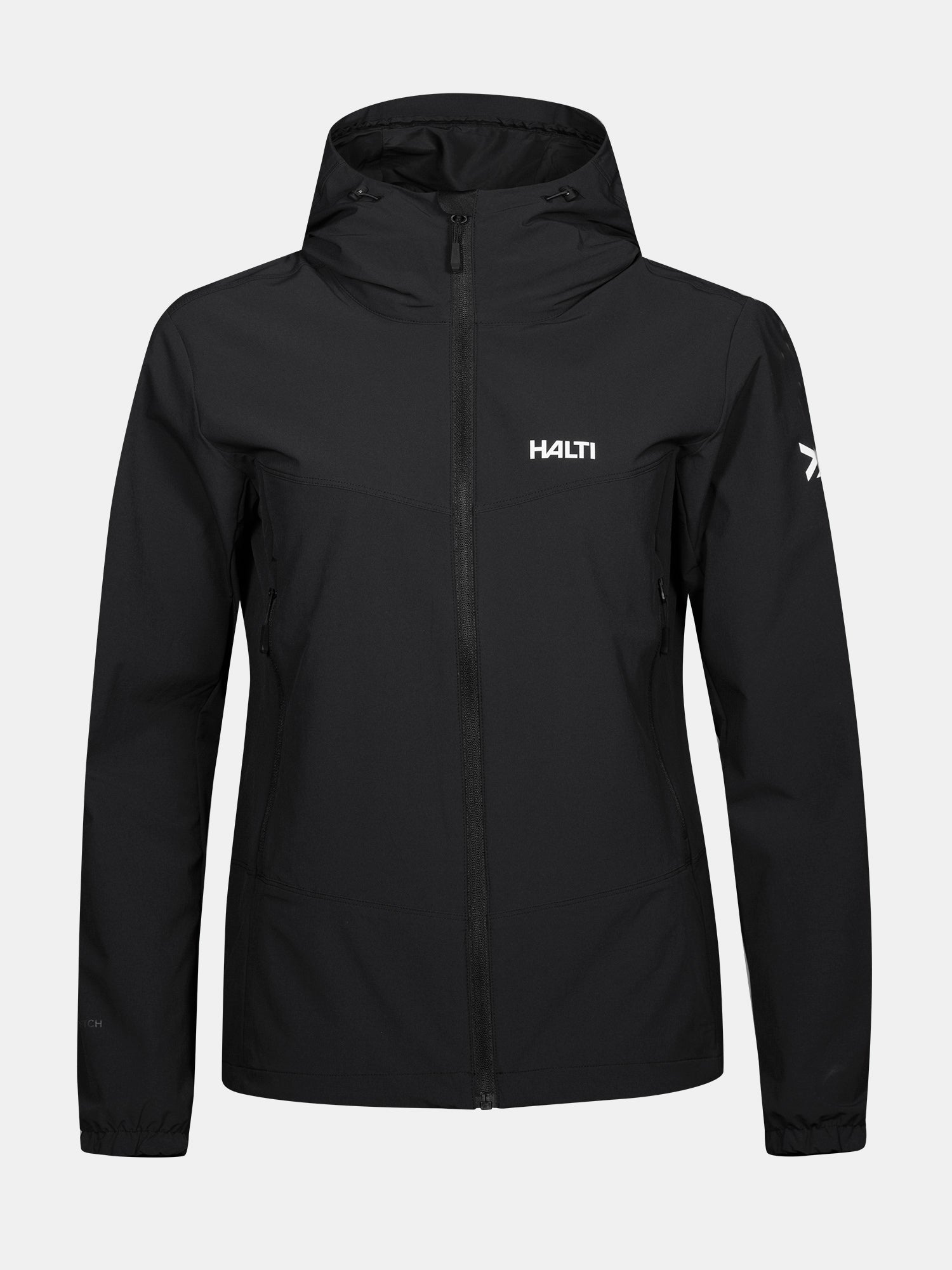 Halti Pallas Evo Plus X-stretch Takki Naisten, musta, vetoketjullisilla taskuilla ja hupulla, kuvassa yksivärisellä pohjalla.