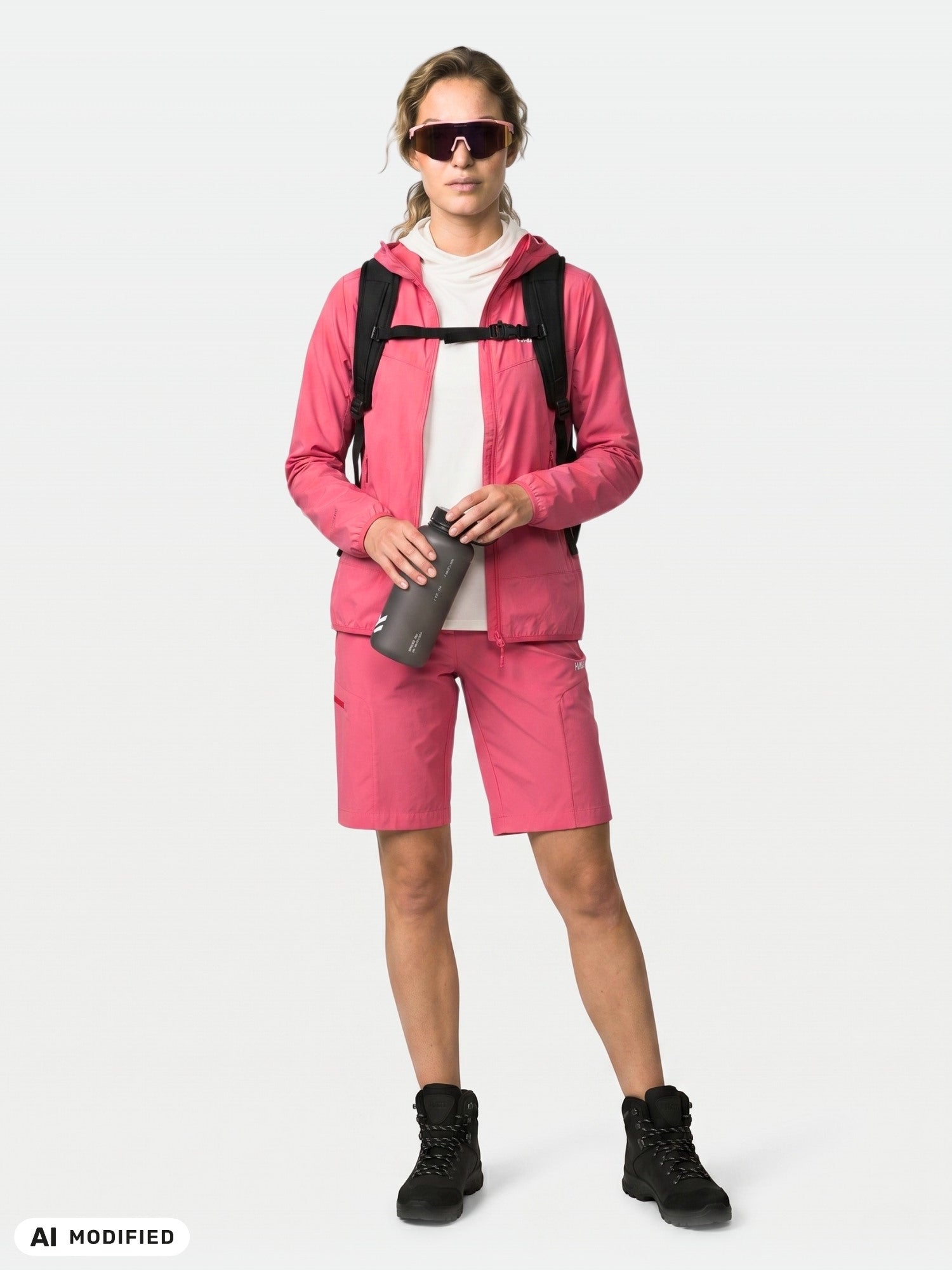 Nainen on pukeutunut Halti Pallas Cool X-stretch Takki -takkiin, shortseihin, mustiin saappaisiin, hänellä on selkäreppu ja aurinkolasit; hän pitää kädessään juomamukia vaalealla taustalla.