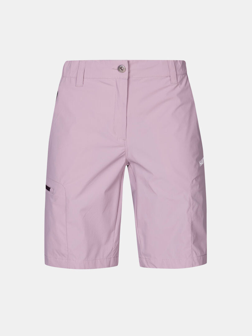 Halti Pallas Cool Shortsit Naisten: vaaleanpunaiset, polvipituiset, joustavat shortsit, joissa on nappi, vetoketju, taskut ja logo.