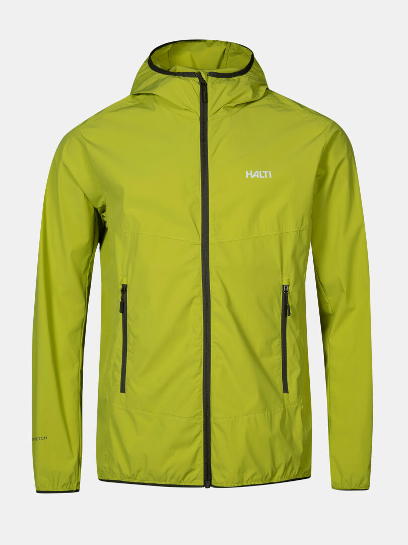 Halti Pallas Cool X-stretch takki miesten, limenvihreä mustilla vetoketjuilla, täydellinen päiväretkille, yksivärisellä pohjalla.