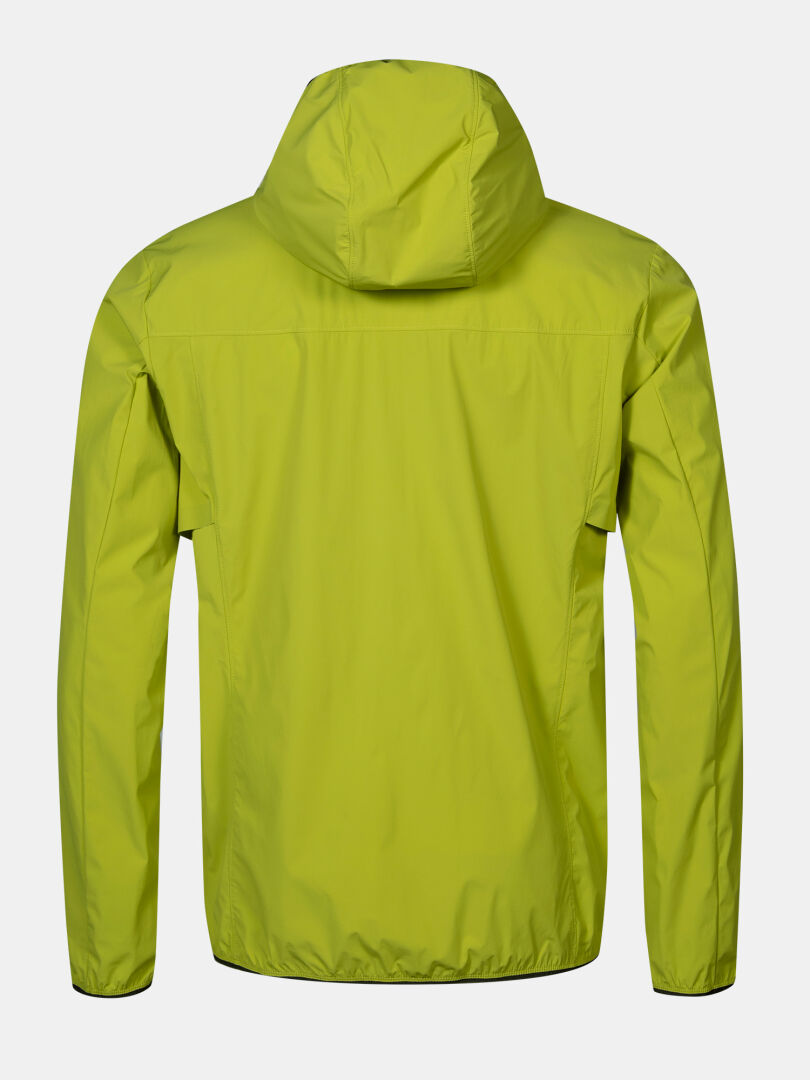 Valkoisella pohjalla on limenvihreä Halti Pallas Cool X-stretch Takki Miesten Takki Miesten selkäpuolelta, ihanteellinen päiväretkille.