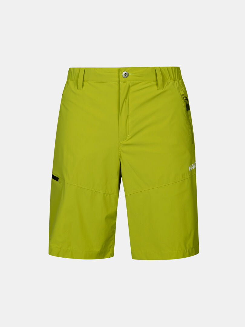 Halti Pallas Cool X-stretch Miesten shortsit kirkkaanvihreät, joissa on fly, vyötärönauha, vetoketjutaskut ja vasemman jalan logo.