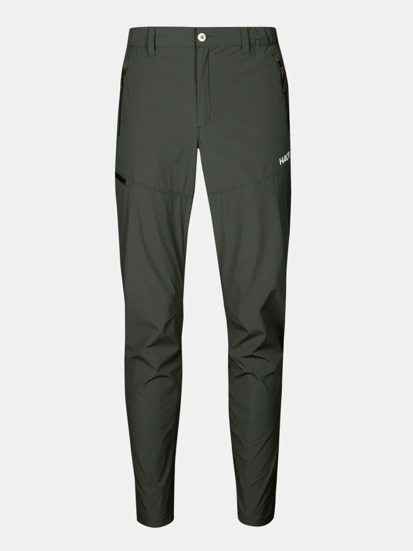 Tummanvihreä Halti Pallas Cool X-stretch Housut Miesten vetoketjullisilla taskuilla ja nappikiinnityksellä, kuvassa valkoinen.