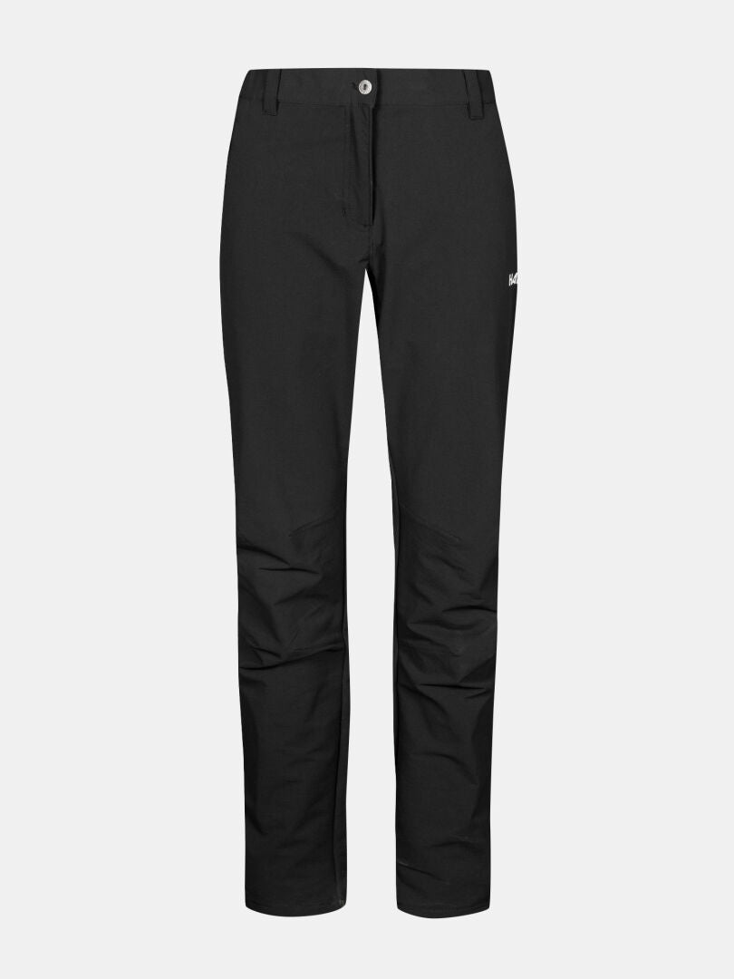 Halti Finholma X-stretch Housut Naisten: musta, suora lahje, vetoketju, pieni valkoinen logo vasemmassa taskussa.