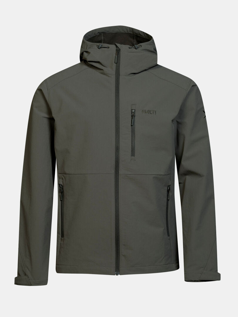 Halti Finholma X-stretch -takki miehille: harmaa softshell, vetoketju, 3 vetoketjullista taskua.