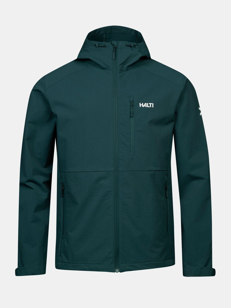 Halti Finholma X-stretch -takki miehille: tummanvihreä softshell-takki, vetoketju edessä, logo, vetoketjutaskuja, säädettävät hihansuut.