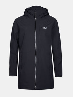 Halti Valaja DX Parkatakki Naisten Plus on musta, pitkä, hupullinen, vedenpitävä parka, jossa on vetoketju ja logo edessä.